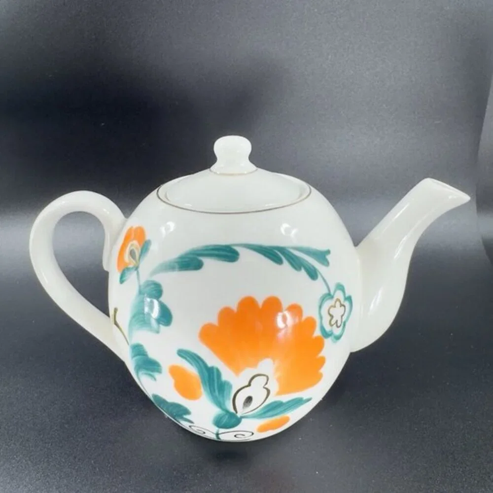 Anthropologie Stoneware‎ Ceramic Teapot Carafe Tea Pot With Green Orange Flowers